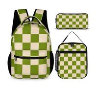 Mateju School Bag Checkerboard Print Kids Backpack, 3 in 1School Bags for Girls with Lunch Bag and Pencil Case Boys Backpack,for School Sports Travel Holiday Teenagers School Bags (Olive)