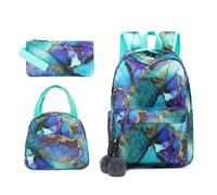 Mateju School Bag Fashion Marble Kids Backpack, 3 in 1School Bags for Girls with Lunch Bag and Pencil Case Boys Backpack,for School Sports Travel Holiday Teenagers School Bags (Turquoise)