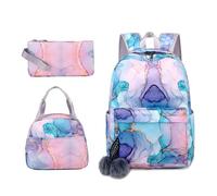 Mateju School Bag Fashion Marble Kids Backpack, 3 in 1School Bags for Girls with Lunch Bag and Pencil Case Boys Backpack,for School Sports Travel Holiday Teenagers School Bags (Powder Blue)