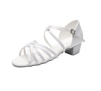 Mateju Women's Latin Dance Shoes Low Heel Satin Open Toe Salsa Bachata Tango Samba Ballroom Party Practice Dancing Shoes for Girls Women, Beginners & Practice (White 03,4)