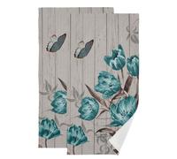 MATEKULI Teal Tulip Hand Towels for Bathroom 2 Pack,Microfiber Soft Absorbent Rustic Butterfly Floral Leaves Grey Wooden Barn Kitchen Towels,Decorative Bathroom Towels for Bath,Shower,Face 14"x28"