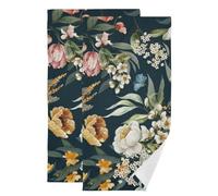 MATEKULI Vintage Black Floral Printed Hand Towels for Bathroom 2 Pack,Microfiber Absorbent Green Leave Branches Colorful Flower Kitchen Towels,Decorative Bathroom Towels for Face,Hair,Bath 14"x28"