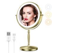 Matekxy 8" Makeup Mirror with Lights, 1X/10X Magnifying Rechargeble Double Sided Standing Vanity Mirrors with 360°Rotation|3 Colors Brightness Adjustable|Touch Sensor Dimming-Gold