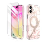MATEPROX Magnetic Case for iPhone 16 Plus 2024, Stylish Marble Hard Protective Cover with Screen Protector, Compatible with MagSafe, Anti-Scratch Slim Cases for iPhone 16 Plus-Frosted Pink