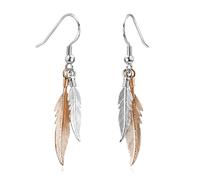 Materia #SO-119 Gold-Plated Rose Gold / 925 Silver Two-Tone Rhodium-Plated Feather Earrings + Box