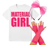Material Girl 80s Costume Set - Small - White Slogan T-Shirt, Pink Lace Bow Headband & Fishnet Gloves - Fancy Dress Outfit for Hen Parties & Throwback Events