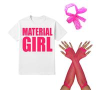 Material Girl Costume Set - Medium - 80s White T-Shirt with Hot Pink Print, Lace Hair Bow & Fishnet Gloves - Pop Star Fancy Dress for Hen Dos & Themed Parties