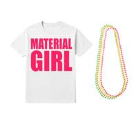 Material Girl Costume Set - Medium - 80s White T-Shirt with Hot Pink Print & Neon Bead Necklaces - Pop Star Fancy Dress for Hen Parties, Festivals & Retro Nights