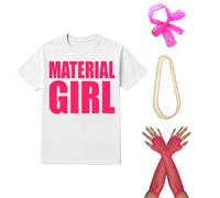 Material Girl Deluxe Costume Set - 80s White T-Shirt with Pink Print, Lace Hair Bow, Fishnet Gloves & Neon Beads - Fancy Dress for Hen Dos & Retro Parties