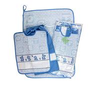 MATERN SCHOOL ASYLO SET to embroider BEAR 3 pieces: sponge bib with elastic cm.28x32, towel cm.40x55 and bag cm.34x38: canvas -100% Cotton Made in Italy (AZZURRO)