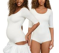 Maternity Bodysuit Scoop Neck 3/4 Sleeve Stretchy Basic Leotards Top Trendy Going Out Body Suits for Women, White, Medium