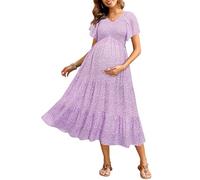 Maternity Dress for Baby Shower - 2025 Photoshoot Pregnancy Summer Midi Casual Flutter Sleeve Dress, Purple Floral, L