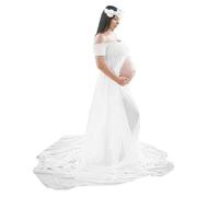 Maternity Dress for Photography Off Shoulder Chiffon Front Split Long Maxi Pregnant Dress for Photoshoot Baby Wearing Coat (White, M)