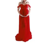 Maternity Dress for Photography Solid Color Off-Shoulder Chiffon Gown Front Split Long Pregnancy Dresses for Photoshoot (Red, Small)