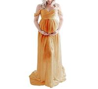 Maternity Dress for Photography Solid Color Off-Shoulder Chiffon Gown Front Split Long Pregnancy Dresses for Photoshoot (Ginger, Medium)