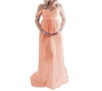 Maternity Dress for Photography Solid Color Off-Shoulder Chiffon Gown Front Split Long Pregnancy Dresses for Photoshoot (Pink, X-Large)