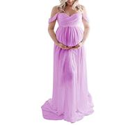 Maternity Dress for Photography Solid Color Off-Shoulder Chiffon Gown Front Split Long Pregnancy Dresses for Photoshoot (Light Purple, Medium)