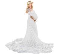 Maternity Dress,Maternity Gown Bishop Sleeves Baby Shower Dress Wrap Side Slit Maxi Photo Shoot for Photoshoot - L