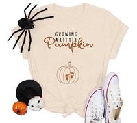Maternity Halloween Shirt Growing a Little Pumpkin T Shirt Cute Pumpkin Graphic Halloween Pregnancy Short Sleeve Tops, Apricot, XL