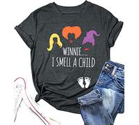 Maternity Halloween Shirts Sanderson Sisters Halloween Pregnancy Tee Tops Winnie I Smell A Child Letter Printed T Shirt, Grey, Medium