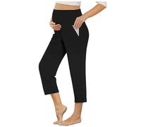 Maternity Pants Capri Yoga Pants for Women Over Bump Belly Support Pregnancy Capri Trousers with Pocket Lounge Pant Over The Belly Pregnancy Bootcut Workout Bottoms for Yoga Daily Wear Black