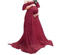 Maternity Photography Dress Lace Fancy Pregnancy Gown Off Shoulder Floral for Pregnant Claret XL, Nightwear