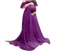 Maternity Photography Dress Lace Fancy Pregnancy Gown Off Shoulder Floral for Pregnant Purple L, Nightdresses & Nightshirts