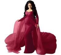 Maternity Photoshoot Dress Women Elegant Long Sleeve Off The Shoulder Fall Fitted Pregnancy Tulle Chiffon Wedding Beach Maxi Mermaid Long Gown Baby Shower Dress Photography Plus Size Wine Red L