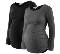 Maternity Shirt Long Sleeve Basic Top Ruch Sides Bodycon Tshirt for Pregnant Women, Black/Charcoal Gray, XXL