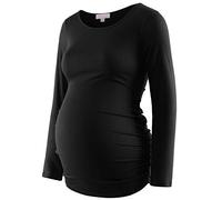 Maternity Shirt Long Sleeve Basic Top Ruch Sides Bodycon Tshirt for Pregnant Women, Black, L