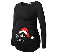 Maternity Shirt Long Sleeve Basic Top Ruch Sides Bodycon Tshirt for Pregnant Women, Black/Santa Baby, L
