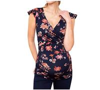 Maternity Shirt Short Sleeve V-Neck Flower Print Basic Maternity Top Pregnant Tops Maternity Fashion Nursing Top Women's Pregnancy Tops Maternity Shirts Nursing T-Shirt Women's Nursing Top, blue, L