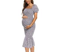 Maternity Summer Floral Midi Bodycon Dresses, Short Puff Sleeve Square Neck Ruffle Hem Mermaid Baby Shower Dress, Grey Purple, L