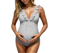 Maternity Swimming Costume One Piece Maternity Swimsuit V Neck Ruffle Sleeve Pregnancy Bathing Suit Pregnant Swimwear with Striped Back Tie Beach Vocation Swimming Bikini Suits for Mather-to-be Black