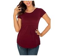 Maternity Tops for Pregnancy Short Sleeve Side Ruched Nursing Tops Loose Cute T Shirts Summer Top Blouse Tee Shirt Maternity Clothing Pregnancy Clothes UK Clearance Wine