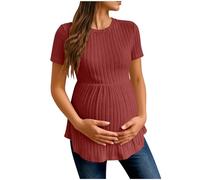 Maternity Tops Women Short Sleeve Ribbed Knit Maternity Shirts Pregnancy Tees Crewneck Tunic Clothes Casual Summer Tops Loose Fit Pregnancy Clothes Comfy Tunic Top Lightweight Solid Knit Sweater