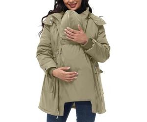 Maternity Winter Coat - Waterproof 3 In 1 Baby Wearing Puffer Jacket,Hooded Warm Quilted Maternity Coat With Detachable Baby Carrier Pocket Parka Outwear (UK, Alpha, L, Regular, Regular, Beige)