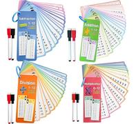 Math Flash Cards 4 Sets Erasable Multiplication Flash Cards 0-12 Educational Math Flashcards with Pens for Kids Add Subtract Divide Multiply for Kids Self Check Classroom Home
