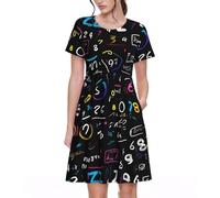 Math Formula Print Women's Short Sleeve Dress, A-Line with Pockets, Knee-Length Casual for All Seasons, Black, 3XL