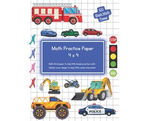 Math Practice Paper.: 4 x 4 | Diggers, Cars, and Vehicles design. Large Squares For young children, Primary school KS1, KS2, KS3. Preschool, kindergarten, toddlers.