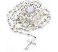 MATHARAGO Rosary Beads,Catholic for Men and Women Pack in Holy Cup Metal Gift Box, First Communion Rosarys for Girls and boys, Rosary Necklace as Gifts for Mother, Grandmother, Elders.(White