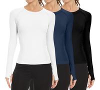 MathCat Long Sleeve Workout Tops for Women, Seamless Yoga Running Tops Breathable Athletic Shirts 3 Pack, White & Navy & Black, S
