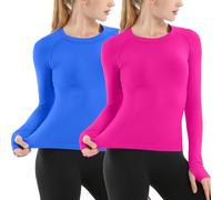 MathCat Seamless Workout Shirts for Women Long Sleeve Yoga Running Shirt Breathable Athletic Tops Slim Fit 2 Pack, Lake Blue & Rose Red, S