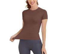 MathCat Short Sleeve Workout Tops for Women, Seamless Workout Shirts for Women, Yoga Athletic Shirts Soft Gym Tops, Brown, L
