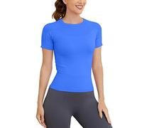 MathCat Short Sleeve Workout Tops for Women, Seamless Workout Shirts for Women, Yoga Athletic Shirts Soft Gym Tops, Lakeblue, L