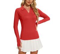 MathCat Women's Long Sleeve Golf Shirts UPF50+ Quickly Dry Tennis Polo Lightweight Sports Athletic Tops, Red, M
