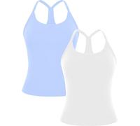 MathCat Workout Tank Tops for Women with Built in Bra, Padded Racerback Athletic Yoga Camisole, White & Light Blue, M