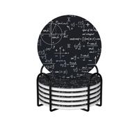Mathematical Seamless With Geometric Shapes Formulas,Round Ceramic Coasters, Mugs Pad, Cups Mat Set of 6 Drinks Coasters With Holder
