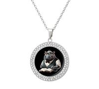 Mathematician Hippo Round Pendant Necklaces for Women Alloy Rhinestone Jewelry Custom Picture Necklace