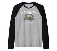 Mathews Virginia Blue Crab Since 1700 White Letters Raglan Baseball Tee